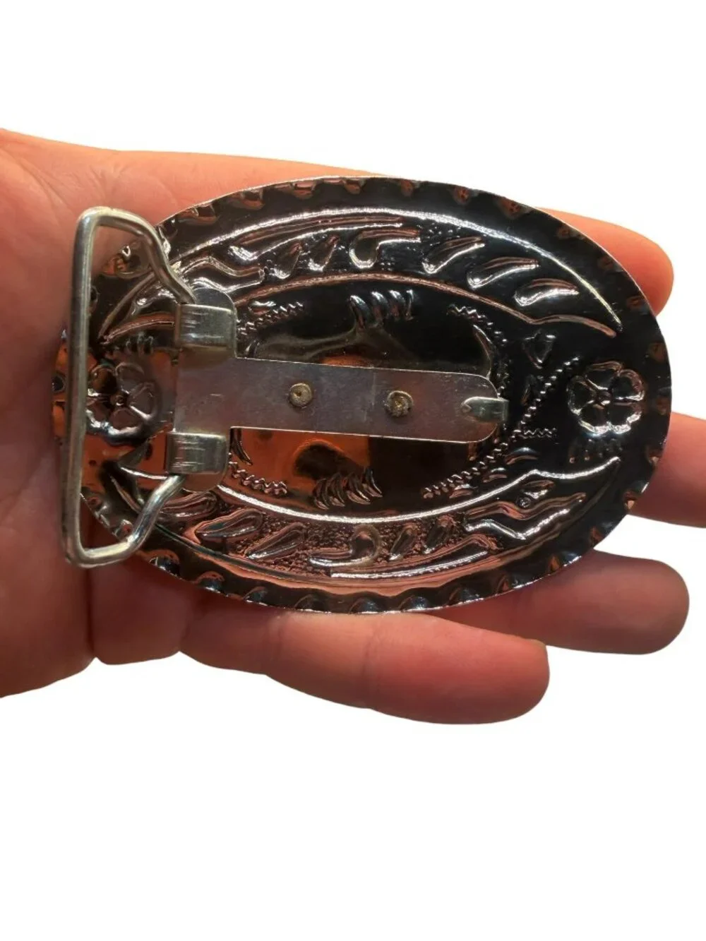 Vintage Western Silver Oval Belt Buckle With Gold Eagle Design